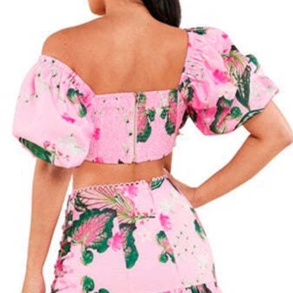 L'ATISTE Pink Ombre Green Floral Butterfly Zip Up Puff Sleeve Top NWT Size Large - Picture 2 of 12